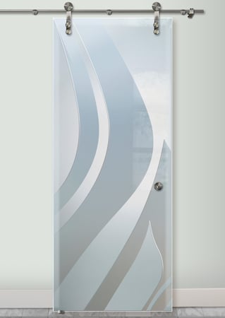 Glass Barn Door featuring a Frosted Glass Abstract Design Sandblast Etched Glass Flow Design by Sans Soucie