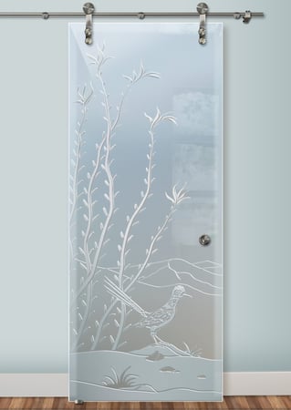 Glass Barn Door showcasing a Frosted Glass Desert Design with Sandblast Etched Glass Art by Sans Soucie Ocotillo Roadrunner Design