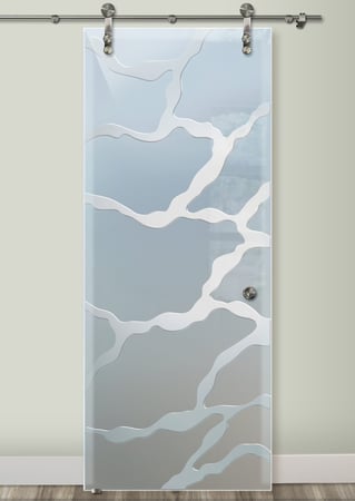 Glass Barn Door featuring a Frosted Glass Abstract Design Sandblast Etched Glass Rivulet Design by Sans Soucie