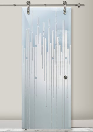 Glass Barn Door showcasing a Frosted Glass Geometric Design with Sandblast Etched Glass Art by Sans Soucie Trickle Design