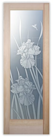 Pantry Door featuring a Frosted Glass Floral Design Sandblast Etched Glass Iris Hummingbird II Design by Sans Soucie