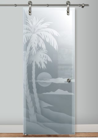 Glass Barn Door featuring Frosted Glass Design Etched Glass by Sans Soucie Art Glass with Custom Palm Trees Design Palm Sunset
