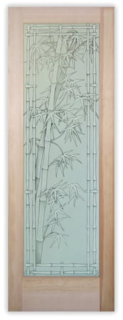 Pantry Door featuring Frosted Glass Design Etched Glass by Sans Soucie Art Glass with Custom Asian Design Bamboo Shoots Bordered
