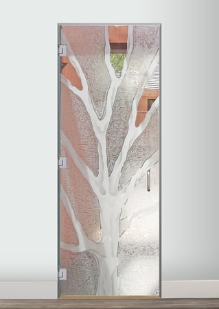 Interior Glass Door showcasing a Frosted Glass Trees Design with Sandblast Etched Glass Art by Sans Soucie Barren Branches Design