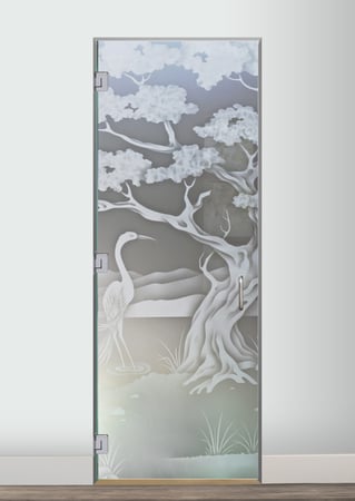 Interior Glass Door showcasing a Frosted Glass Asian Design with Sandblast Etched Glass Art by Sans Soucie Bonsai Egret Design
