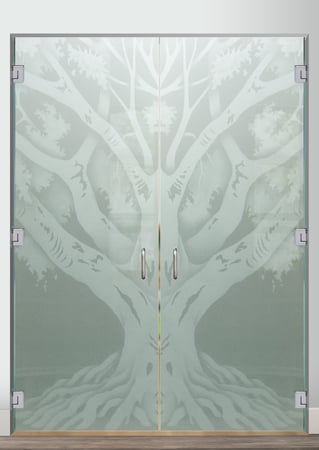 Interior Glass Door showcasing a Frosted Glass Trees Design with Sandblast Etched Glass Art by Sans Soucie Oak Tree II Design
