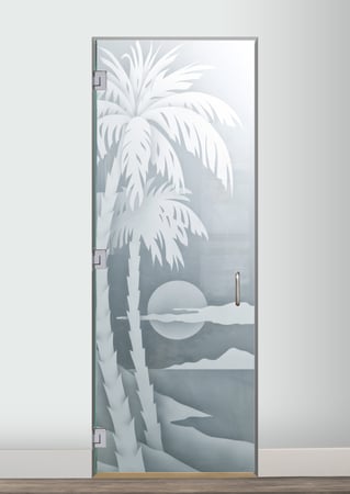 Interior Glass Door featuring Frosted Glass Design Etched Glass by Sans Soucie Art Glass with Custom Palm Trees Design Palm Sunset