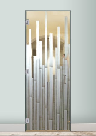 Shower Door featuring Frosted Glass Design Etched Glass by Sans Soucie Art Glass with Custom Geometric Design Mosaics