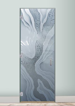 Shower Door showcasing a Frosted Glass Abstract Design with Sandblast Etched Glass Art by Sans Soucie Abstract Liquid Design