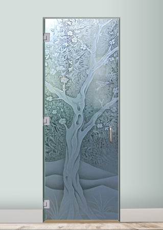 Interior Glass Door featuring Frosted Glass Design Etched Glass by Sans Soucie Art Glass with Custom Asian Design Cherry Blossom III