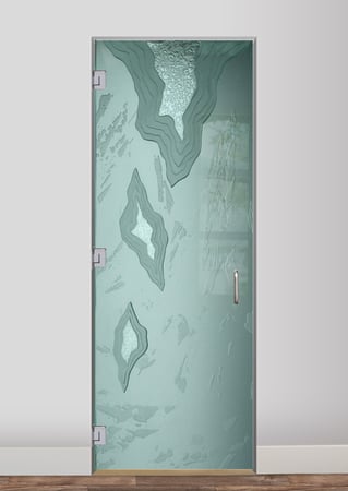 Interior Glass Door showcasing a Frosted Glass Abstract Design with Sandblast Etched Glass Art by Sans Soucie Glacier Design