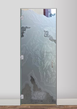 Interior Glass Door featuring a Frosted Glass Abstract Design Sandblast Etched Glass Glacier III Design by Sans Soucie