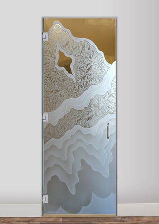 Interior Glass Door showcasing a Frosted Glass Abstract Design with Sandblast Etched Glass Art by Sans Soucie Rugged Retreat Design