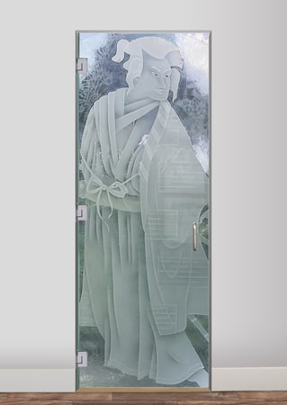 Interior Glass Door featuring a Frosted Glass Asian Design Sandblast Etched Glass Samurai Design by Sans Soucie