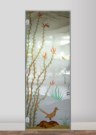 Shower Door showcasing a Frosted Glass Desert Design with Sandblast Etched Glass Art by Sans Soucie Ocotillo Roadrunner Design