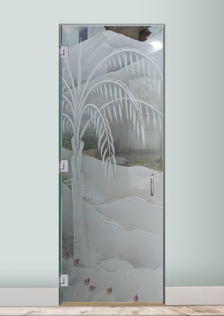 Interior Glass Door featuring Frosted Glass Design Etched Glass by Sans Soucie Art Glass with Custom Palm Trees Design Queen Palm