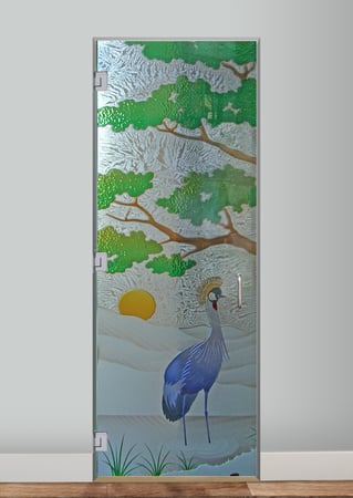 Interior Glass Door featuring Frosted Glass Design Etched Glass by Sans Soucie Art Glass with Custom African Design African Crane