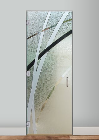 Shower Door showcasing a Frosted Glass Geometric Design with Sandblast Etched Glass Art by Sans Soucie Arcos Design