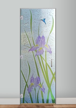 Shower Door featuring a Frosted Glass Floral Design Sandblast Etched Glass Iris Hummingbird Design by Sans Soucie