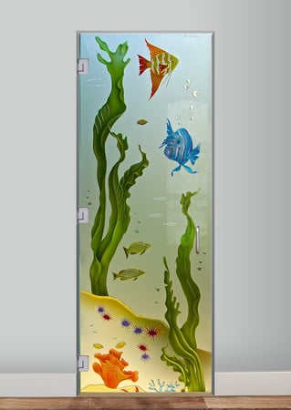 Shower Door featuring a Frosted Glass Oceanic Design Sandblast Etched Glass Aquarium Fish Design by Sans Soucie