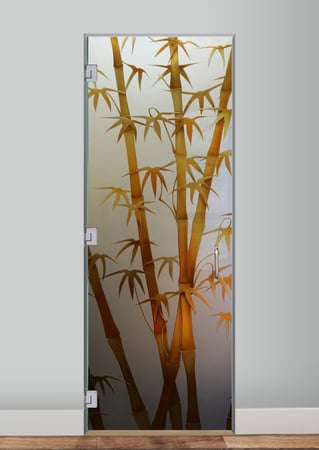Interior Glass Door showcasing a Frosted Glass Asian Design with Sandblast Etched Glass Art by Sans Soucie Bamboo Shoots II Copper Design