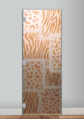 Interior Glass Door featuring a Frosted Glass Wildlife Design Sandblast Etched Glass Cheetah Zebra Pattern Design by Sans Soucie