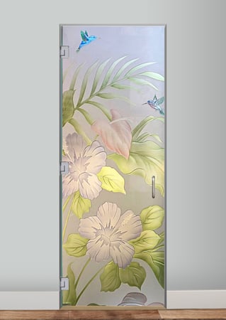 Interior Glass Door featuring a Frosted Glass Tropical Design Sandblast Etched Glass Hibiscus Anthurium Design by Sans Soucie
