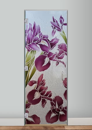 Interior Glass Door with a Frosted Glass Iris III Floral Design for Private by Sans Soucie Art Glass