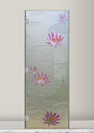 Shower Door featuring a Frosted Glass Floral Design Sandblast Etched Glass Lily Pads & Lotus Design by Sans Soucie