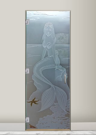 Shower Door featuring Frosted Glass Design Etched Glass by Sans Soucie Art Glass with Custom Oceanic Design Mermaid Princess