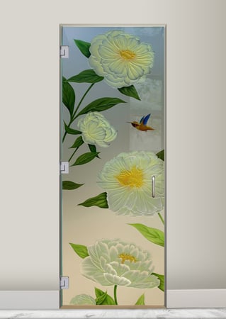 Shower Door showcasing a Frosted Glass Floral Design with Sandblast Etched Glass Art by Sans Soucie Peonies Design