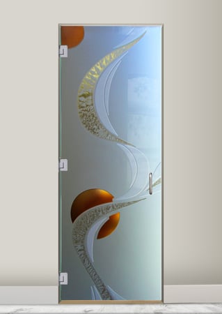 Shower Door featuring a Frosted Glass Geometric Design Sandblast Etched Glass Ribbon Reflection Moons Design by Sans Soucie