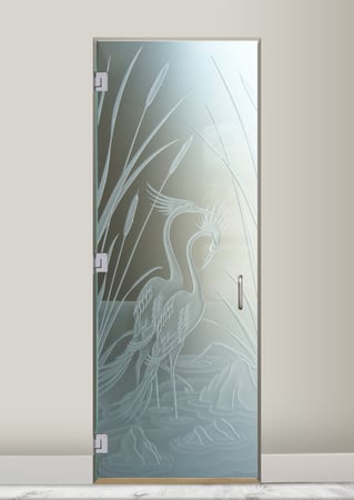 Interior Glass Door showcasing a Frosted Glass Wildlife Design with Sandblast Etched Glass Art by Sans Soucie Cranes & Cattails Design