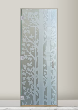 Interior Glass Door showcasing a Frosted Glass Trees Design with Sandblast Etched Glass Art by Sans Soucie Forest Trees Design