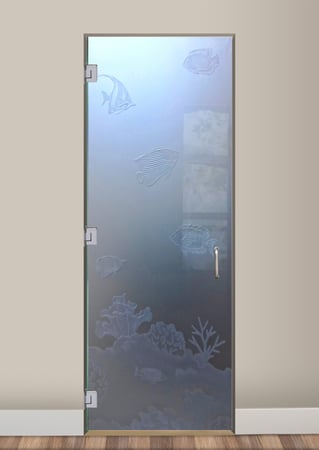 Interior Glass Door showcasing a Frosted Glass Oceanic Design with Sandblast Etched Glass Art by Sans Soucie Tropical Fish Design