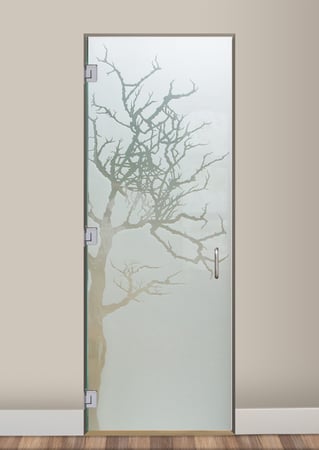 Shower Door featuring a Frosted Glass Trees Design Sandblast Etched Glass Winter Tree Design by Sans Soucie