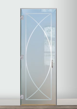 Interior Glass Door showcasing a Frosted Glass Geometric Design with Sandblast Etched Glass Art by Sans Soucie Arcs Design