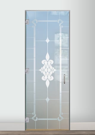 Interior Glass Door showcasing a Frosted Glass Traditional Design with Sandblast Etched Glass Art by Sans Soucie Dandridge Design