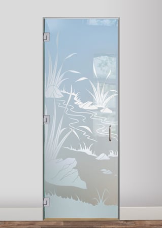 Interior Glass Door featuring Frosted Glass Design Etched Glass by Sans Soucie Art Glass with Custom Foliage Design Flowing Streams