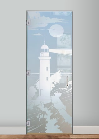 Interior Glass Door featuring Frosted Glass Design Etched Glass by Sans Soucie Art Glass with Custom Oceanic Design Lighthouse Beaming