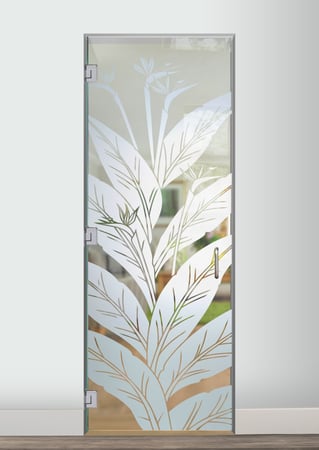 Interior Glass Door featuring a Frosted Glass Tropical Design Sandblast Etched Glass Bird of Paradise Design by Sans Soucie