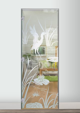 Interior Glass Door showcasing a Frosted Glass Wildlife Design with Sandblast Etched Glass Art by Sans Soucie Cranes A Design