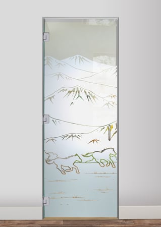 Interior Glass Door featuring a Frosted Glass Western Design Sandblast Etched Glass Galloping in the Vistas Design by Sans Soucie