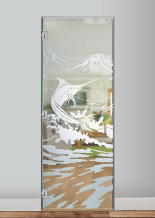 Interior Glass Door with a Frosted Glass Marlin Oceanic Design for Semi-Private by Sans Soucie Art Glass