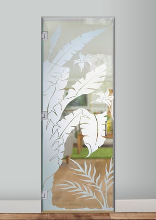 Interior Glass Door featuring a Frosted Glass Tropical Design Sandblast Etched Glass Natural Wonders Design by Sans Soucie