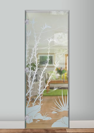 Interior Glass Door showcasing a Frosted Glass Desert Design with Sandblast Etched Glass Art by Sans Soucie Ocotillo Design