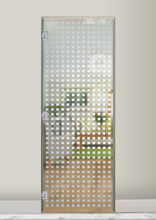 Interior Glass Door featuring Frosted Glass Design Etched Glass by Sans Soucie Art Glass with Custom Geometric Design Squares