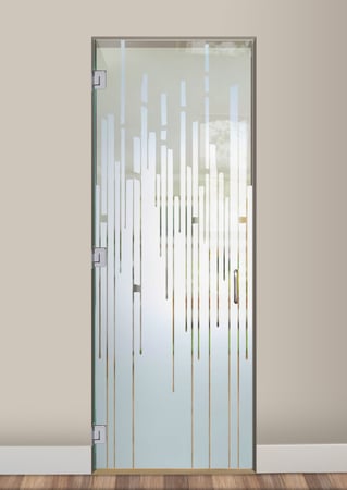 Interior Glass Door showcasing a Frosted Glass Geometric Design with Sandblast Etched Glass Art by Sans Soucie Trickle Design