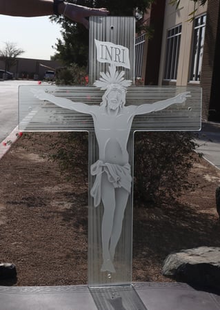 Glass Wall Art featuring a Frosted Glass Liturgical Design Sandblast Etched Glass Passion of the Christ Design by Sans Soucie