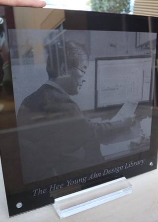 Glass Plaque Award featuring Frosted Glass Design Etched Glass by Sans Soucie Art Glass with Custom Portraitures Design Honoring Hee Young Ahn (similar look)